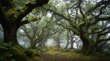 Mossy Oak Trees in Misty Forest &ndash; Wistow Grimley 