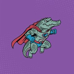 Super Retro Crocodile Flying in Hero Costume Illustration