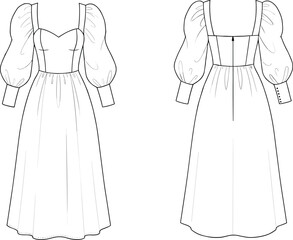 Fototapeta premium CAD drawing flat vector illustration of stylish puff sleeve dress, sweetheart neckline, front and back views, technical fashion sketch, elegant clothing design, garment template layout