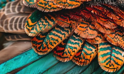 Vibrant bird plumage close up colorful feathers with detailed patterns
