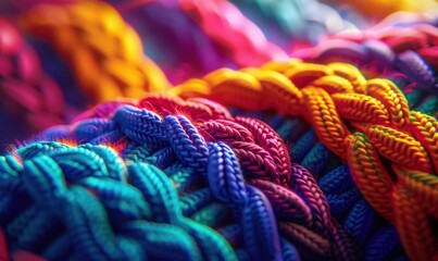 Vibrant braided fiber texture rows of colorful woven strands close up