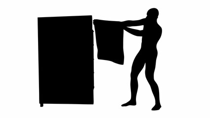 Silhouette of a person hanging a towel on a cabinet door in a minimalist black and white illustration