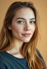 Naklejka premium Portrait of beautiful young woman with blonde hair and blue eyes smiling at the camera in studio shot