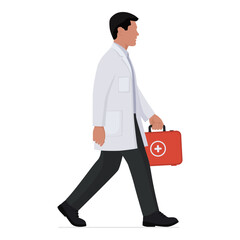 Doctor walking and holding a first aid kit