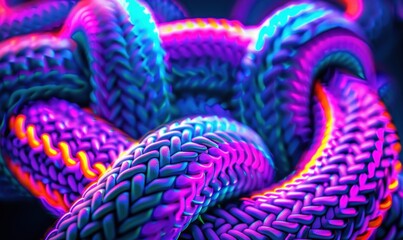 Vibrant knotted rope close up abstract with braided colorful texture