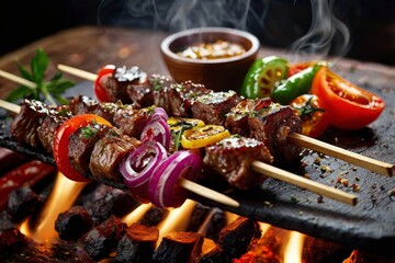 Grilled beef kebabs with vegetables served on hot stone with sauce  