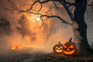 Spooky Halloween Night with Jack-O'-Lanterns and Fog

