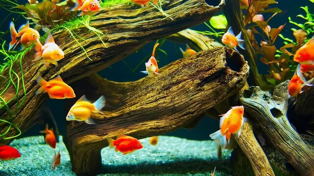 Vibrant Goldfish Swimming Peacefully in a Beautifully Decorated Freshwater Aquarium. 4k Footage Background Animation Video