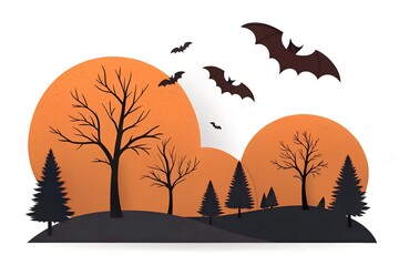 Minimal Halloween Scene with Orange Suns, Bats, and Silhouetted Trees

