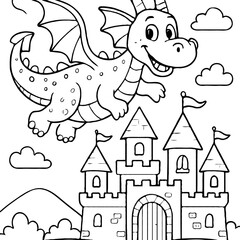 Adorable Flying Dragon Over Castle: Fantasy Kingdom Adventure Coloring Page