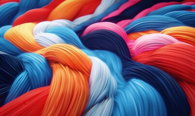 Vibrant strands interwoven abstract texture of colorful yarn and wool