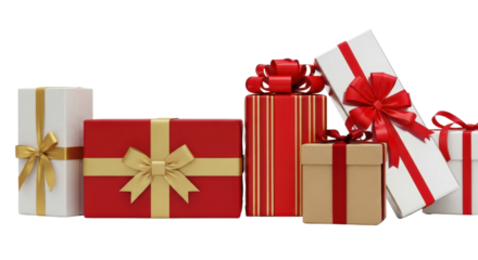Festive display of wrapped gift boxes with ribbons and bows isolated PNG with Transparent Background