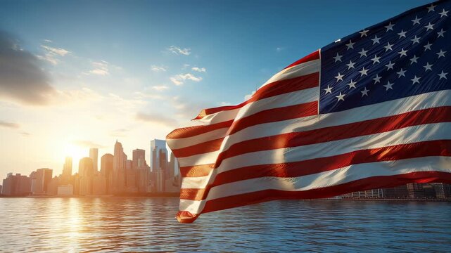 American flag waves at sunrise over urban skyline cityscape nature serenity inspiration