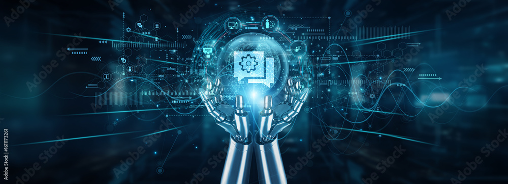 Aufkleber robot hands holding global network and it consulting services, infrastructure strategy transformatio