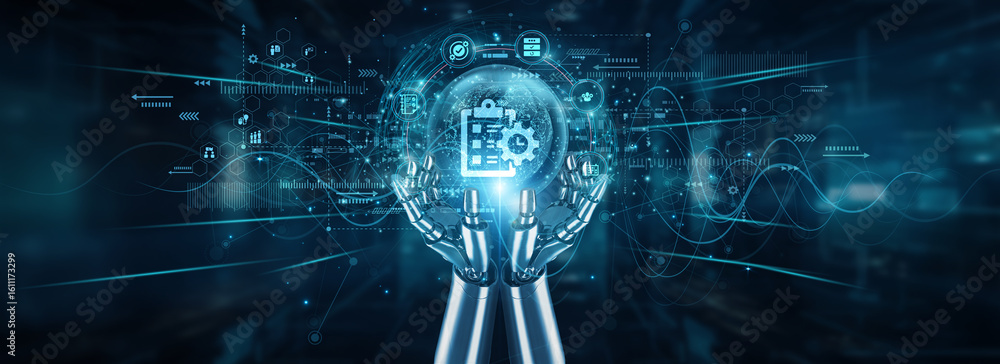 Poster robot hands holding global network and project management efficiency, planning coordination mileston