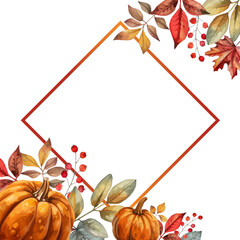Vector Beautiful Autumn Watercolor fall leaf, pumpkin Frame. Decoration for Fall, Thanksgiving and Harvest Day design, wedding