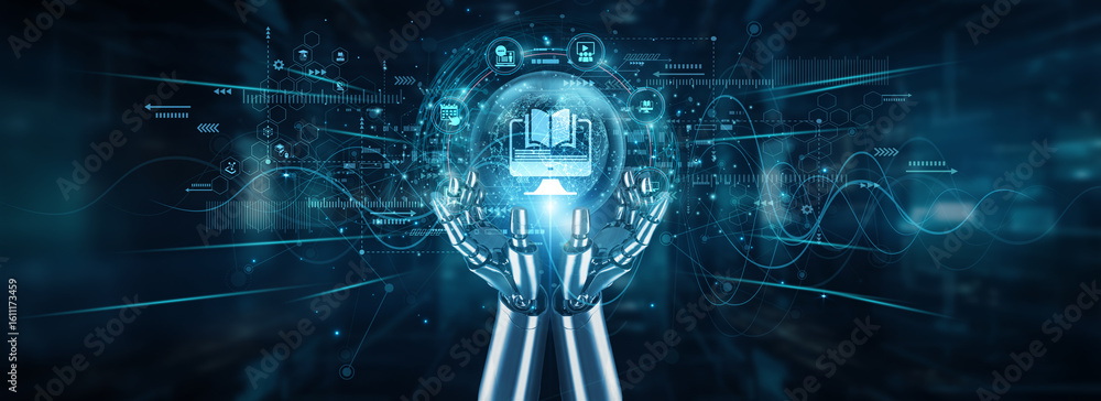 Poster robot hands holding global network and e-learning platforms, virtual classrooms content automation t