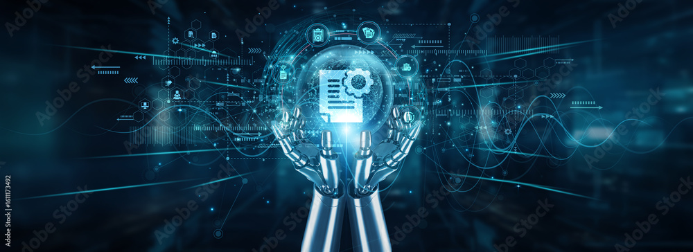 Poster robot hands holding global network and document management systems, storage access security automati