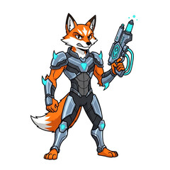 A determined anthropomorphic fox character in futuristic armor wields a glowing energy weapon ready for action.