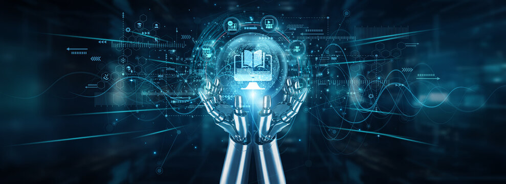 Robot hands holding global network and e-learning platforms, virtual classrooms content automation training modules engagement tracking remote education tools flexibility accessibility.