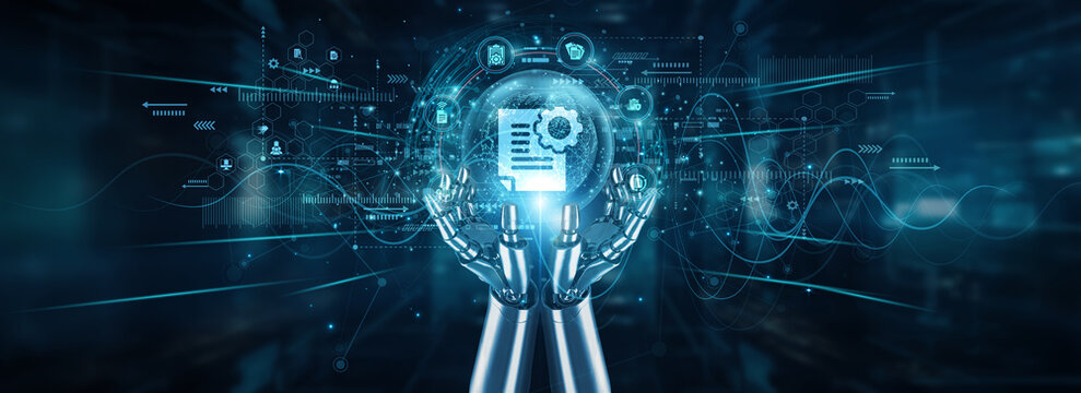 Robot hands holding global network and document management systems, storage access security automation organization workflow retrieval integration collaboration indexing compliance.
