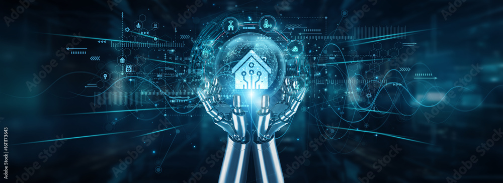 Poster robot hands holding global network and smart home innovation, automation connectivity iot systems en