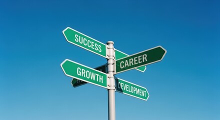 Crossroads of Ambition: Signpost Points to Success, Career, Growth, and Development Under Clear Blue Sky