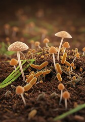 Small Brown Mushrooms Growing on Soil in Nature
