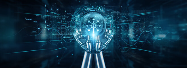 Robot hands holding global network and decentralized finance (DeFi), blockchain automation tokens smart contracts investment transparency crypto security digital wallets, and verification.