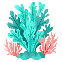 Lush tropical reef cluster: shaded corals & curling seaweed.