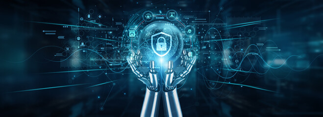 Robot hands holding global network and cybersecurity systems, data protection automation encryption risk management firewalls access control privacy compliance, and safety protocols.