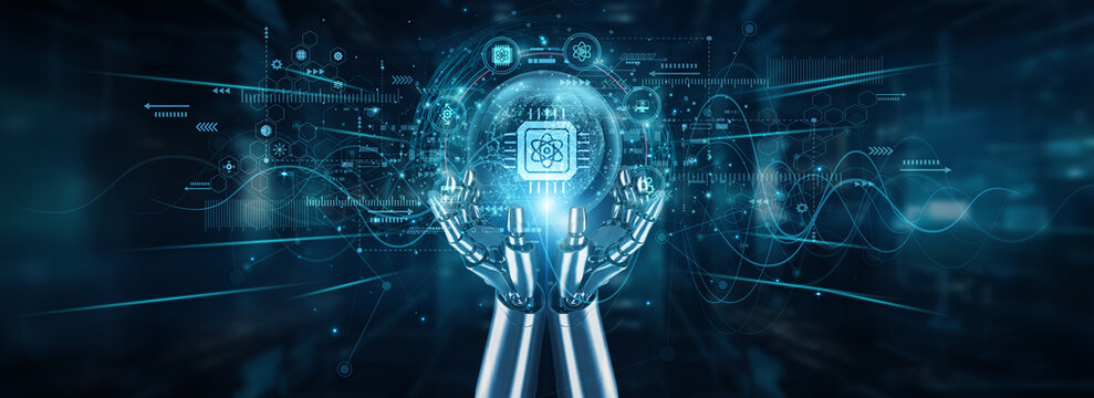 Robot hands holding global network and quantum computing power, superposition algorithms automation encryption modeling processing technology intelligence speed innovation breakthroughs.