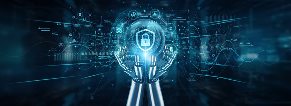 Robot hands holding global network and cybersecurity systems, data protection automation encryption risk management firewalls access control privacy compliance, and safety protocols.