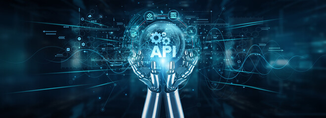 Robot hands holding a global network and API integration, automation interface development connections data access programming communication security scalability services systems.