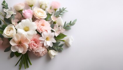 Obraz premium a delicate bouquet of white and pale pink flowers arranged elegantly against a light background
