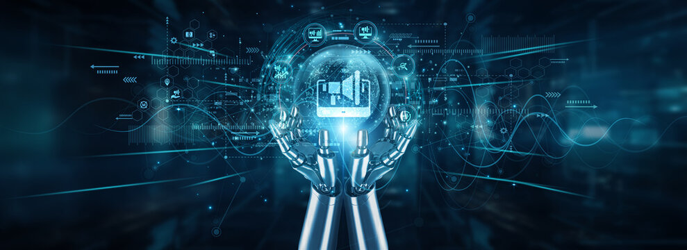 Robot hands holding global network and digital marketing strategy, automation campaigns SEO analytics targeting content engagement conversion platforms branding optimization.