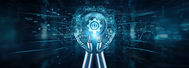 Robot hands holding a global network and NLP models, automation speech recognition text analysis sentiment understanding chatbot interaction machine translation, and semantic search.