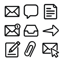 Black line icon set of communication and messaging isolated on white background