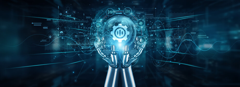 Robot hands holding a global network and NLP models, automation speech recognition text analysis sentiment understanding chatbot interaction machine translation, and semantic search.