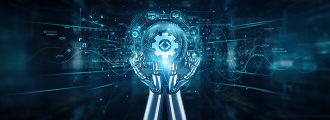 Robot hands holding global network and software development processes, automation coding deployment agile frameworks testing debugging tools collaboration integration.