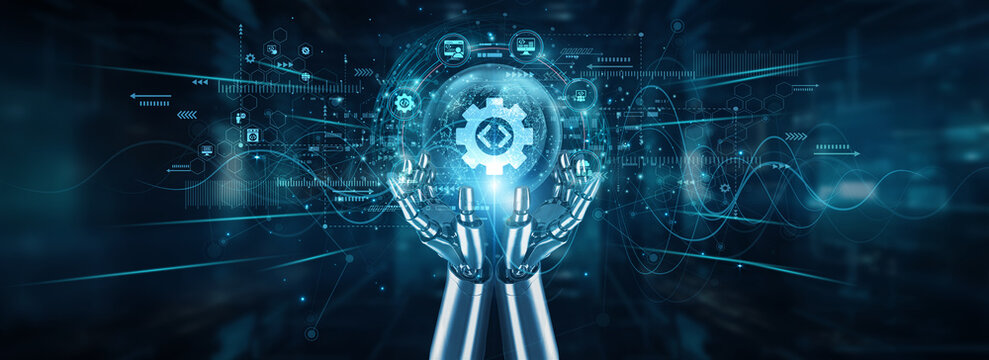 Robot hands holding global network and software development processes, automation coding deployment agile frameworks testing debugging tools collaboration integration.