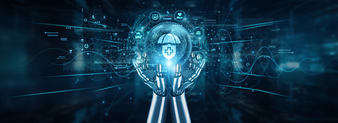 Robot hands holding global network and insurance technology, automation claims processing risk...