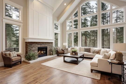 Luxurious open plan living room boasting a stone fireplace, hardwood floors, and comfortable furniture, illuminated by natural light
