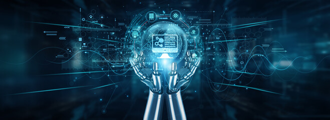 Robot hands holding global network and computer science innovation, automation algorithms programming systems development software architecture computation security analysis.