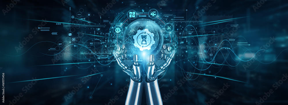 Poster robot hands holding a global network and work-in-progress tracking, automation task flow productivit