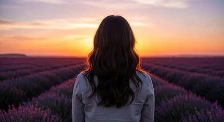 A woman stands in a vast lavender field at sunset, gazing towards the horizon