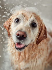 The retriever, with its wet fur, is surrounded by soapy water and bubbles, showcasing a sense of fun and relaxation.