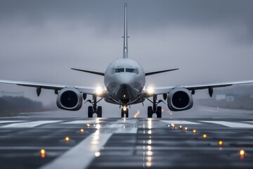 Obraz premium Passenger airplane taxiing on wet runway in gloomy weather