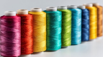 Close-up of colorful spools of sewing thread arranged on white background