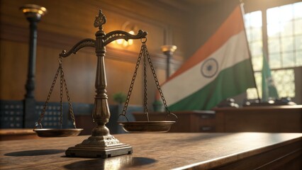 Ornate Brass Scales of Justice in a Sunlit Courtroom with Indian Flag